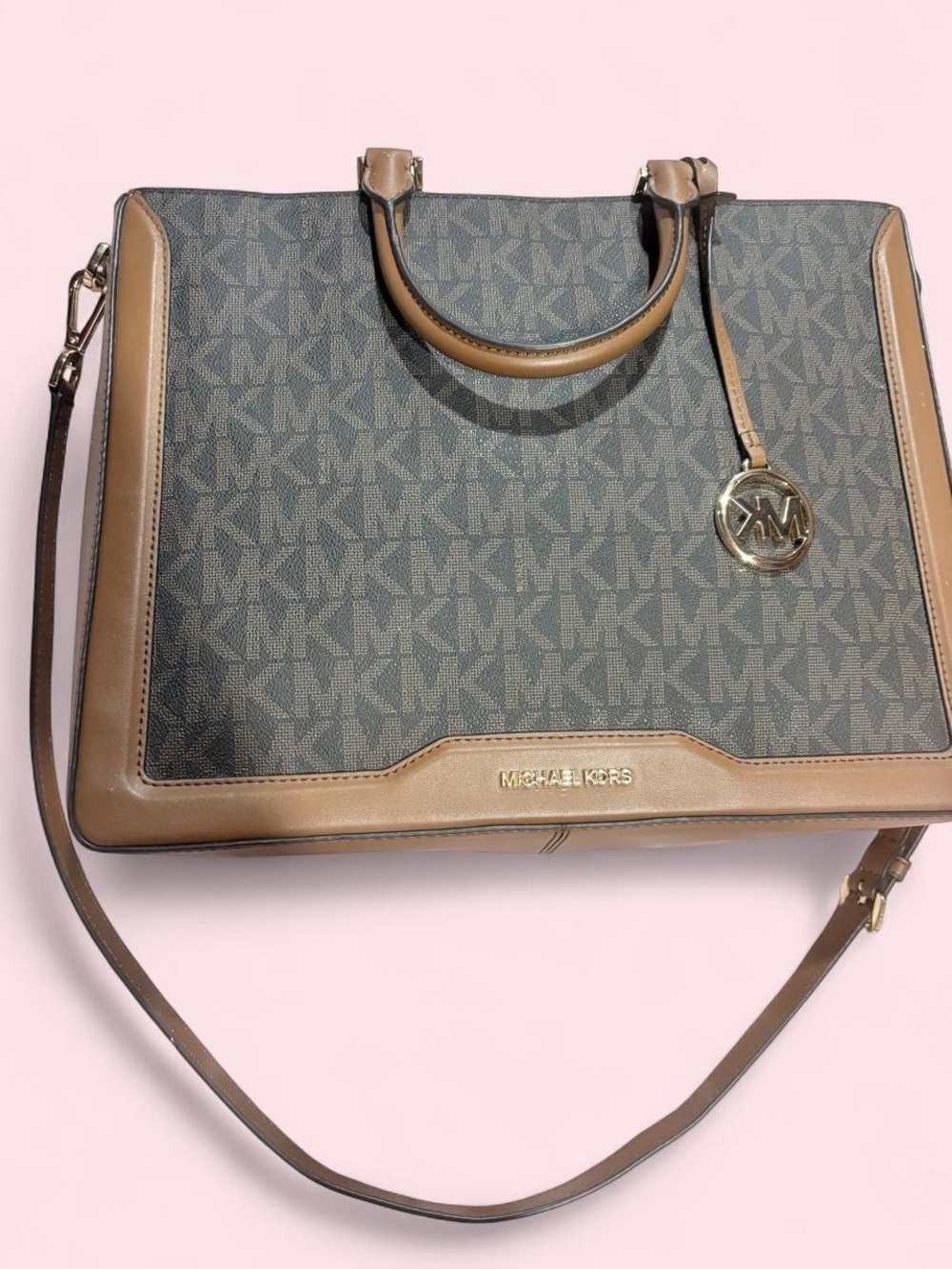 Michael Kors Brown Logo Tote with Tan Trim and Gold Hardware